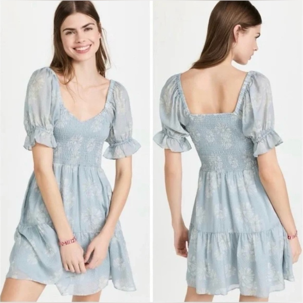 Madewell-Silk-Lucie-Blue-Smocked-Floral-Mini Dress-Puff Sleeves-Whimsical-Size S